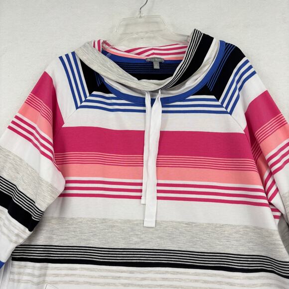 T by Talbots Sweatshirt Size 2X Blue Pink Stripe Pullover Drawstring Funnel Neck - Picture 3 of 10